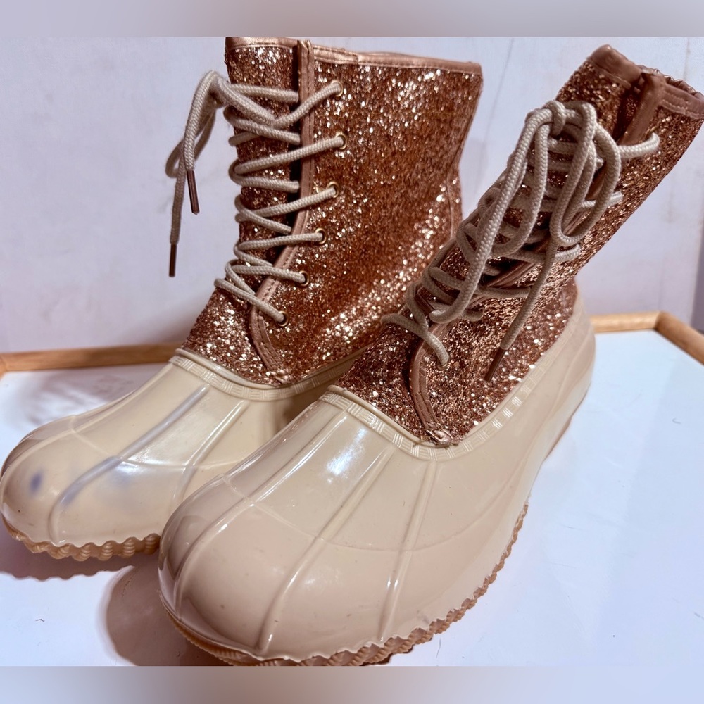 Sugar Glitter Lace-Up Boots in Gold and Cream **Look At Spot On Right Boot**